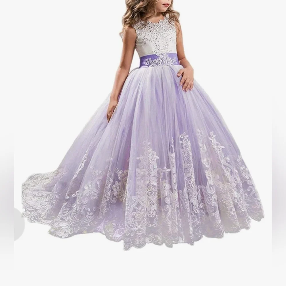 Elegant White and Purple Dress with Bows At Back And Down Length Of Dress.